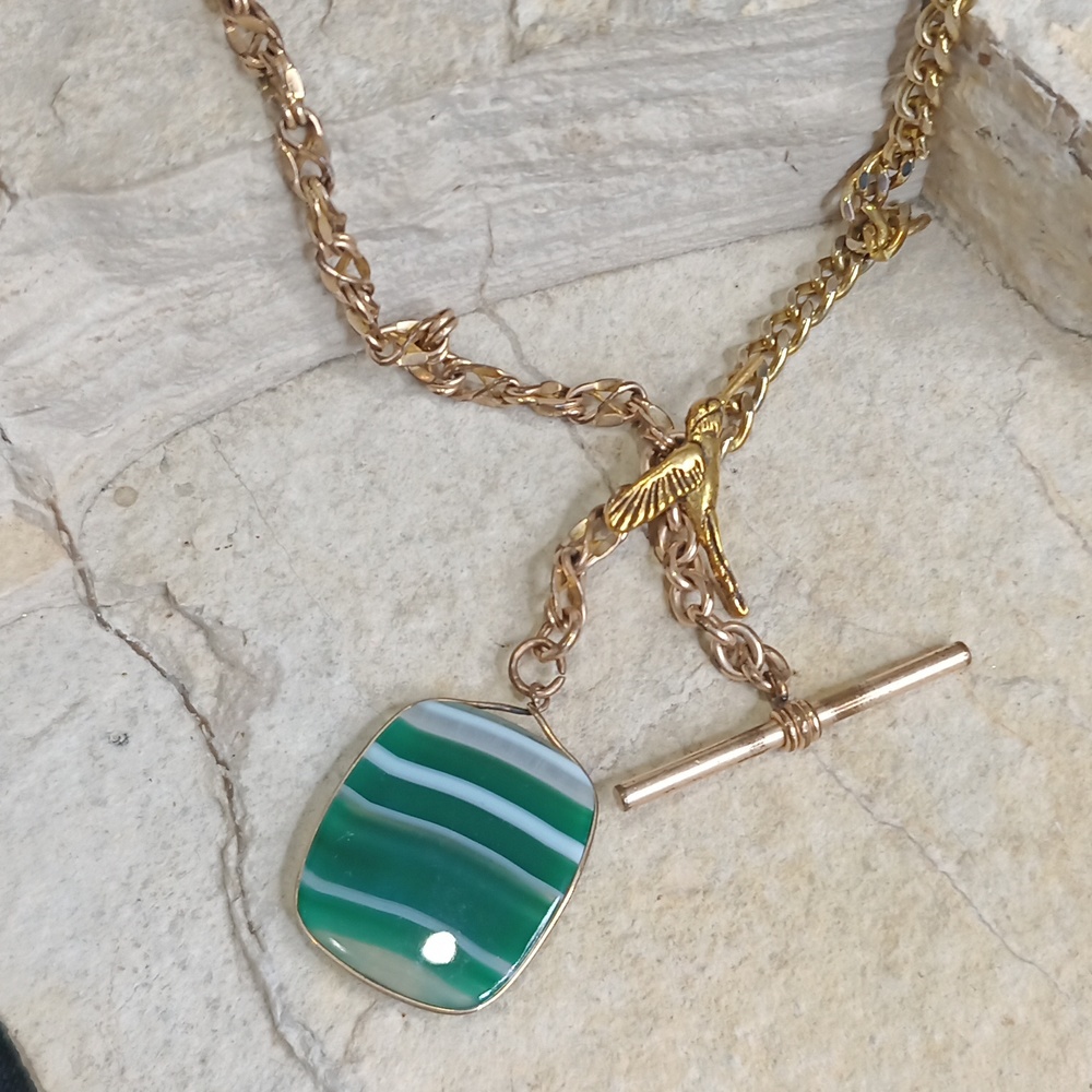 Gold Filled H & H Antique 1910 fob pocket watch chain necklace Scottish Agate